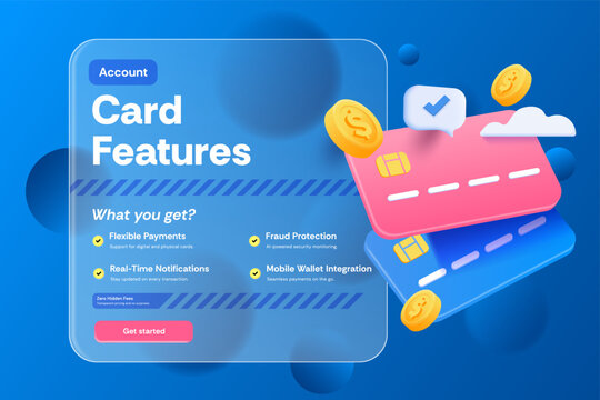 Modern 3D banking banner featuring digital credit cards, secure payment concept, and fintech platform interface. Ideal for online banking, mobile payments, financial services, SaaS dashboards