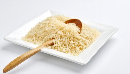 Cooked Rice on White Square Plate.