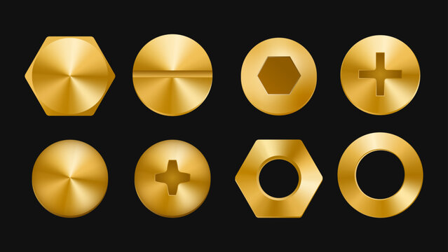 Set of realistic caps of screws, bolts and nails, Vector Design, Black background