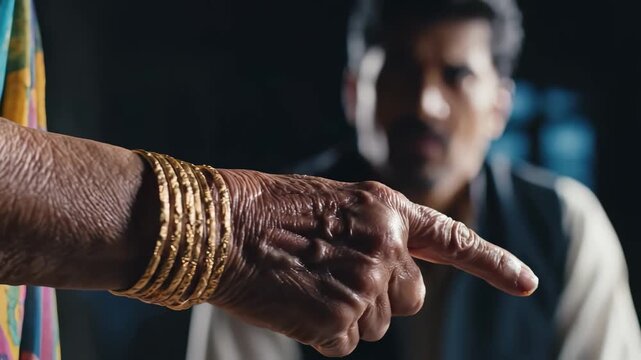 A pair of hands with intricate bangles emphasize the intensity of conversation while a man listens intently. The rich textures and shadows enhance the emotional connection and storytelling.