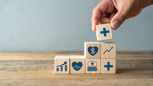 Hand stacking wooden blocks with healthcare and finance icons, representing growth and success