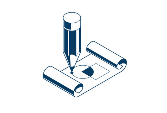 Engineering project concept, paper document blueprint with pencil engineer work job vector 3D isometric illustration, abstract plan drawing, cad scheme icon.