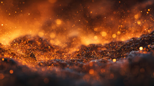 Illustration of cascading scattered flames fiery amber tones high contrast, midnight black expanse. Dramatic abstract fire sparks background with intense glowing particles. Highly detailed.