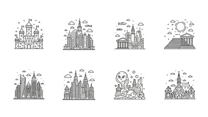Obraz premium Collection of minimalist black and white line art cityscape and building illustrations
