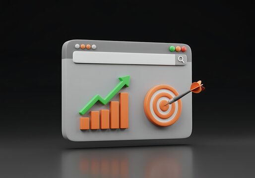3d illustration of a browser window with a green arrow graph and a target with a dart on a black background  business success concept