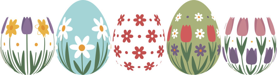Set of 5 floral Easter egg and spring flower illustrations for holiday greeting cards and seasonal decor. © Md