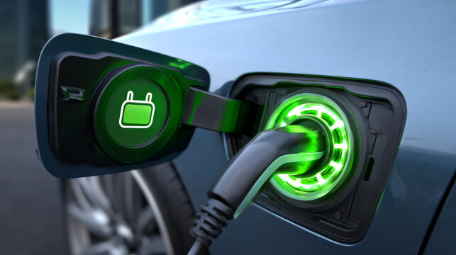 Electric car with green plug symbol. Green hybrid vehicles charging point logo.	