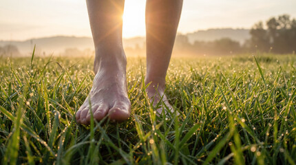 Bare feet stepping on fresh morning grass at dawn expressing natural grounding, body alignment and vibrant outdoor vitality.