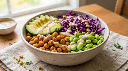 Colorful plant based bowl packed with diverse nutrients, ideal for healthy blogs and trendy menus.