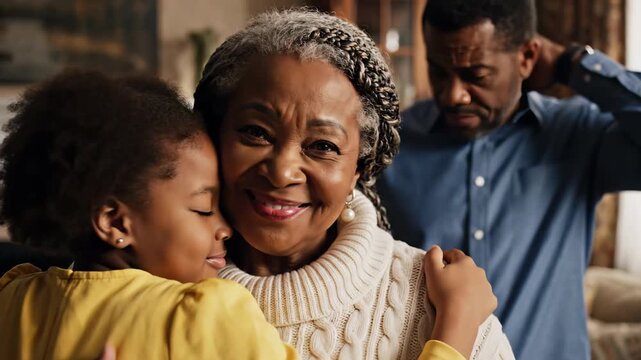 Warmth fills a cozy living room where a joyful grandmother is embraced by her granddaughter.