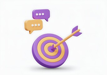 3D illustration of purple and yellow target with arrow hitting bullseye and two speech bubbles floating above  symbolizing communication and goal achievement