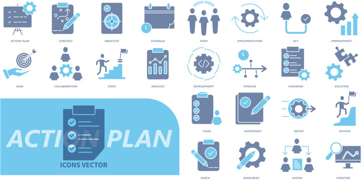 A collection of action plan icons set. Contains icons for groups.action plan. Vector illustrations of company icons.