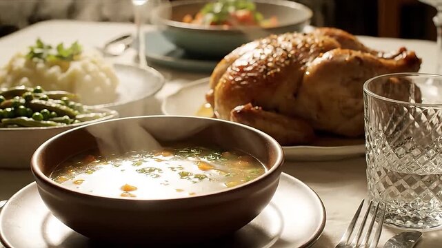 Steaming Vegetable Soup on Festive Dinner Table