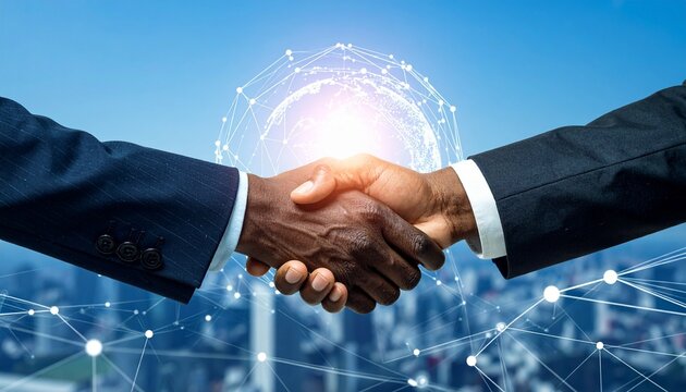 Business handshake with world map connectivity background