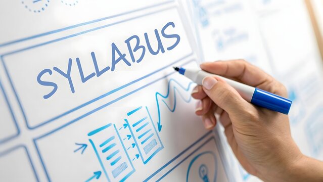 A hand writes the word syllabus on a whiteboard with sketched elements ideal for educational resources on transparent background high quality professional