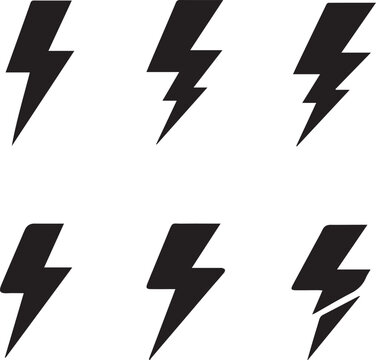 Minimalist Electrical Hazard Icons &ndash; Universal Black Lightning Bolt Safety Symbol Set (Flat Vector, 6 Variations)