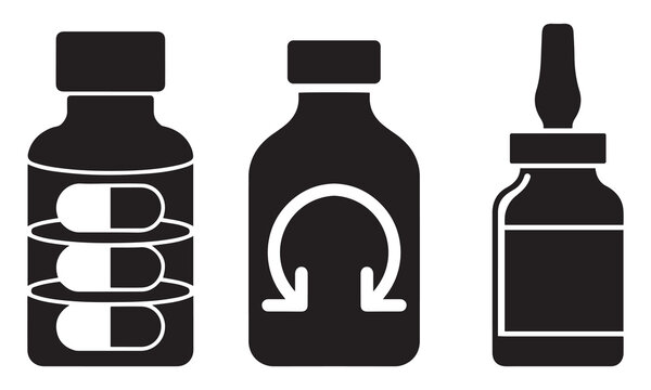 Black and white illustration of three medicine bottles, one with capsules, one with a recycling symbol, and one with a dropper.