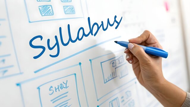 A hand writes the word syllabus in blue marker over a sketched outline ideal for educational resources on transparent background high quality