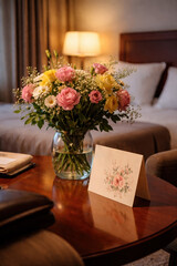 Obraz premium Beautiful fresh flower bouquet with pink and yellow roses in glass vase on hotel room table with greeting card. Elegant interior setting with warm ambient lighting.