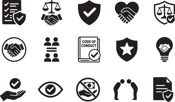 Business ethics icon set, vector symbols representing integrity, trust, fairness, and corporate values.