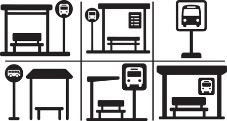  Bus stop vector icon set, clean transportation symbols for public transit, travel, and city design.