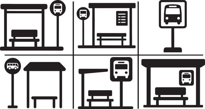   Bus stop vector icon set, clean transportation symbols for public transit, travel, and city design.
