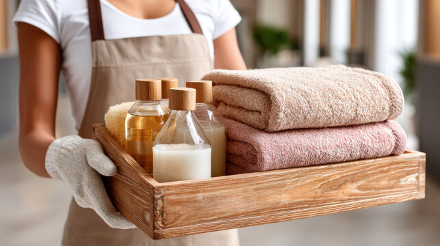 Close detail of hotel cleaning tray with towels and toiletries for hospitality spa background and room service presentation