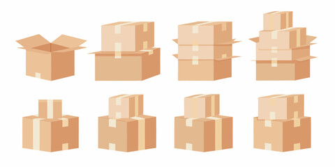Stacked and individual cardboard boxes in varying orientations