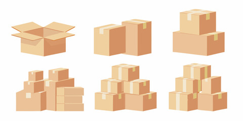 Isometric illustration of stacked and open cardboard boxes in varying arrangements