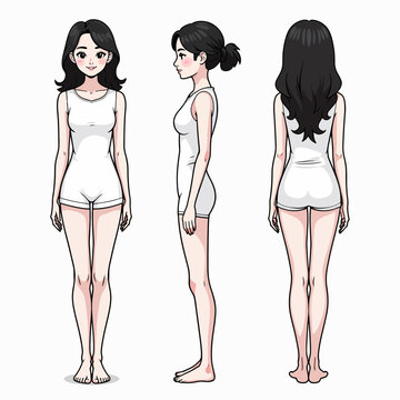 Anime style female character model sheet featuring front side and back views for animation reference 3D modeling and artistic figure drawing projects.
