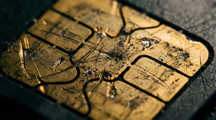 Naklejka premium Macro of Worn Gold EMV Microchip Contact Pads with Scratches and Lint from Daily Use