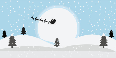 Santa claus and reindeer flying across a snowy winter landscape scene © Titul