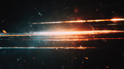 A bright light streaks across a dark background with orange and blue hues
