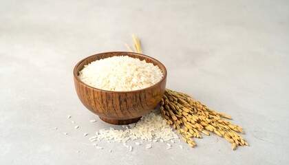 Wooden Bowl Filled with White Rice Grains.