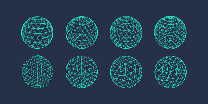 Abstract arrangement of glowing teal wireframe egg shaped objects