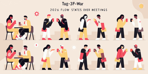 Illustration depicting people in various poses and meeting scenarios