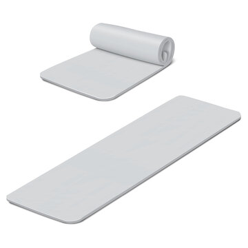Exercise mat for sport, fitness, yoga workout. Rolled and unrolled. Vector mock-up. Blank camping sleeping pad. Realistic mockup