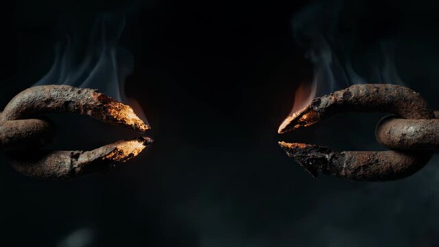 "Two broken chain links with glowing burnt edges and smoke rising against dark background, symbolizing freedom or destruction."