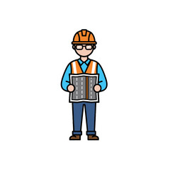 An engineer wearing a hard hat and safety vest holding a blueprint of a road.