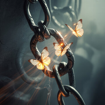 Close up of rusted metal shackles with glowing orange butterflies on chains glowing butterflies