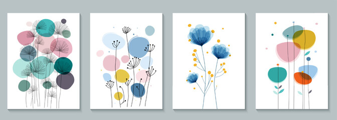 Naklejka premium Set of abstract floral cards for design. Beautiful colorful flowers and dandelions in a minimalist style. Vector illustration of abstract colorful flowers for invitations, cards, and backgrounds.
