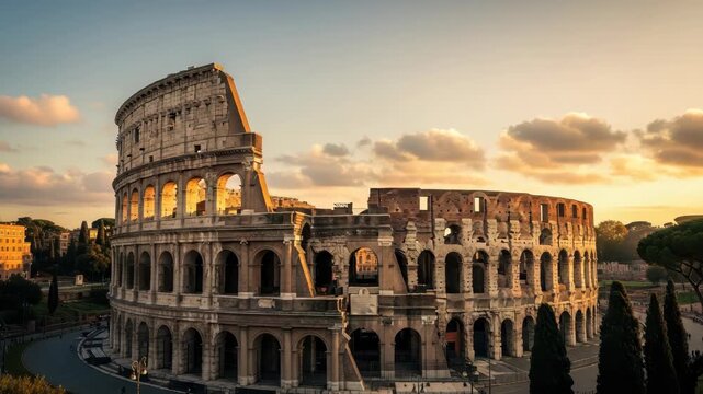 Roman Colosseum At Sunset Showcasing Its Historical Architecture Against Beautiful Sky Potentially For Travel Blogs Educational Content Historical Publications