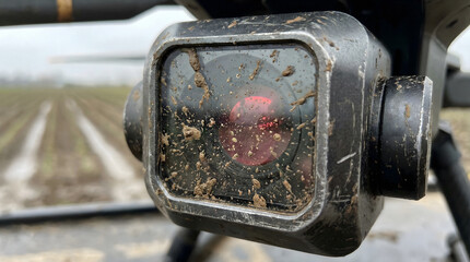 Macro of Agricultural Drone LiDAR Sensor with Mud Splatters and Infrared Laser Reflection