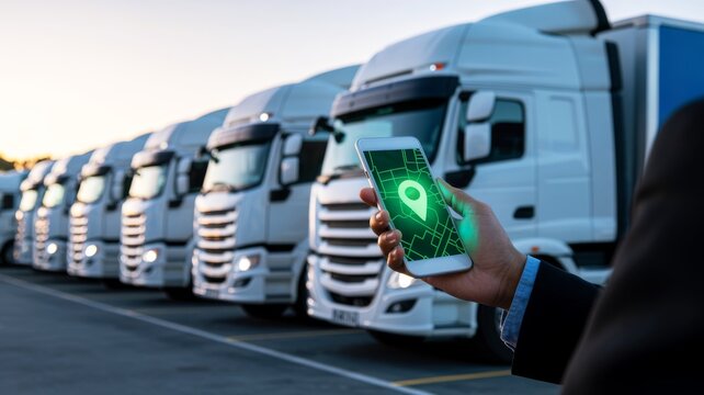 A person uses a smartphone with a location map app in front of a row of white delivery trucks, symbolizing fleet management and logistics tracking.