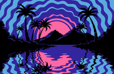 Obraz premium Tropical sunset with palm trees and mountain range