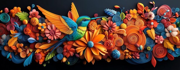 Vibrant flowers and hummingbird in vivid colors.