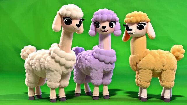 Three cartoon alpacas standing on green background animation cute and colorful animated alpaca llamas isolated on green screen