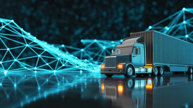 A digital semi-truck with a container is shown on a reflective surface, surrounded by glowing blue network connections, symbolizing smart logistics and technology integration.
