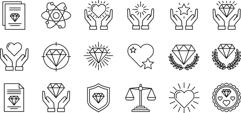 Set of business core values line icons featuring diamonds hearts stars and scales representing premium quality integrity ethics mission and vision