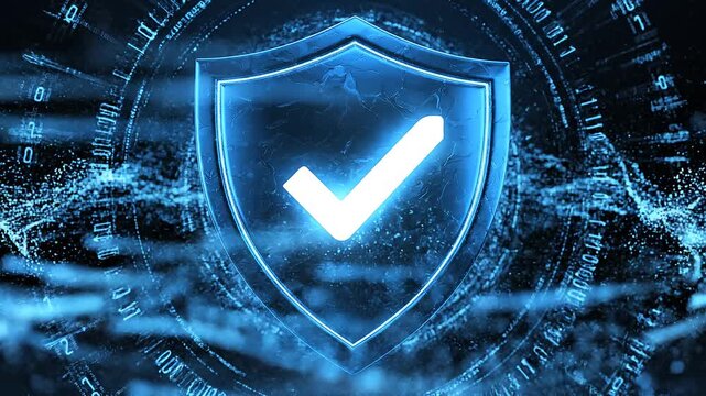 Blue glowing shield with central checkmark surrounded by abstract digital particles and lines, symbolizing cybersecurity, data protection, and verified safety in futuristic virtual environment.